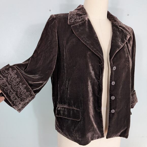 Tahari Velvet Topper Jacket Blazer 10 Brown Embroidery Whimsigoth Boho Lagenlook - Picture 2 of 10